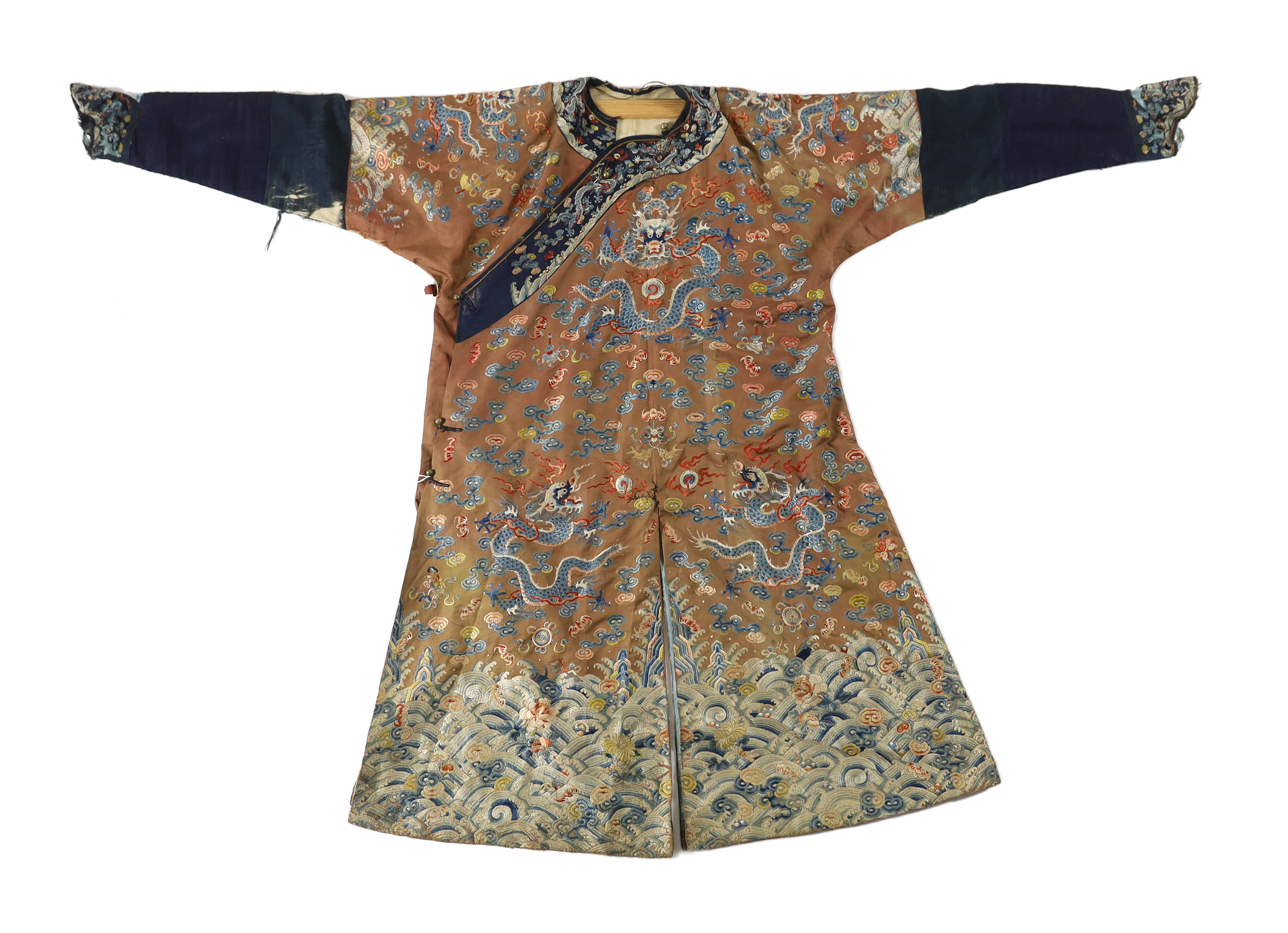 A Chinese chestnut-ground ‘nine dragon’ robe, jifu, 19th century, tears and losses